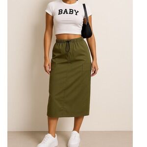 New Small Army Olive Green Cargo Skirt Midi Y2K 90's Grunge Adjustable Drawcord